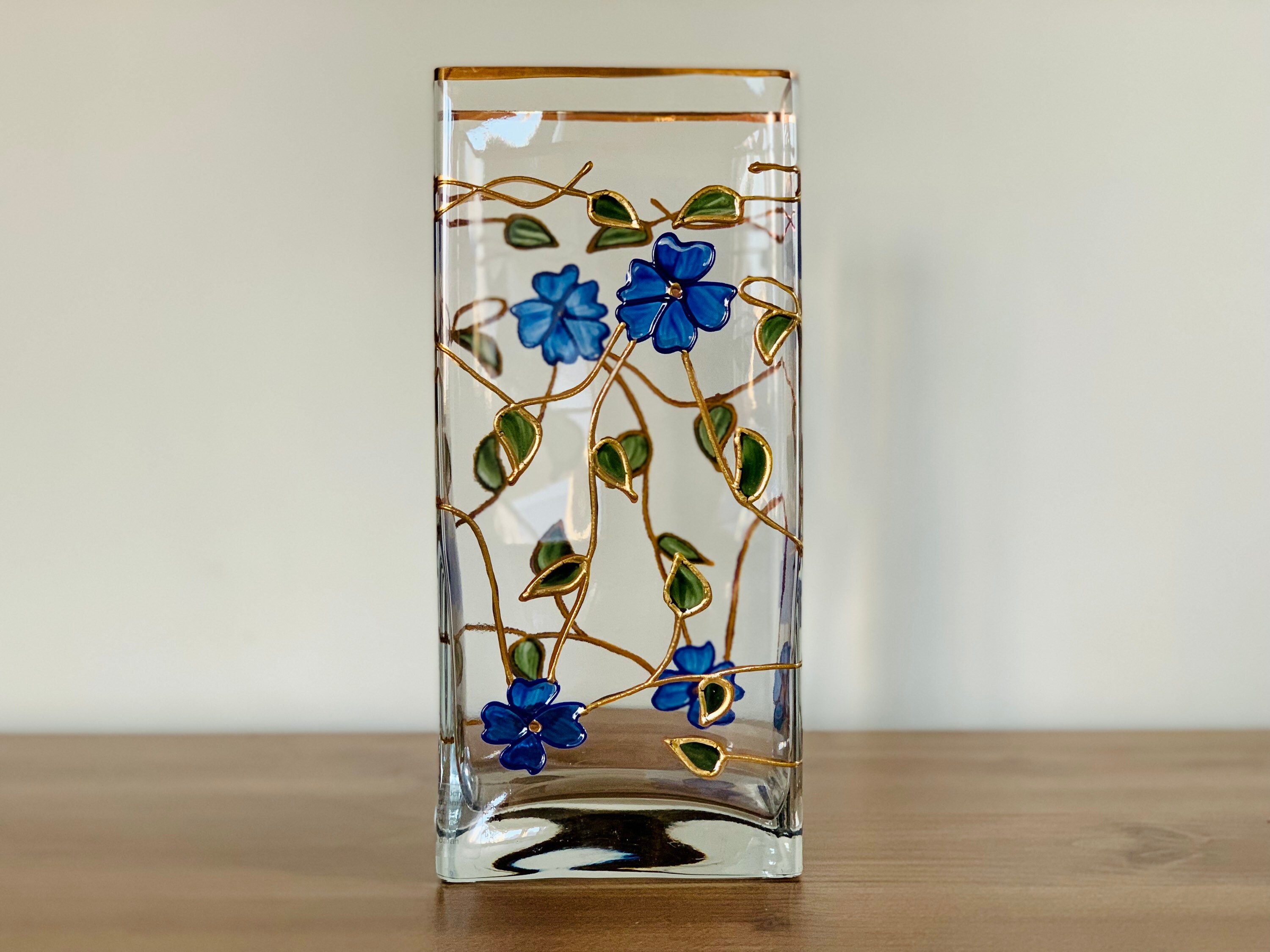 Vintage Rectangular Glass Vase Gold Trim Blue Gold Flowers Etsy