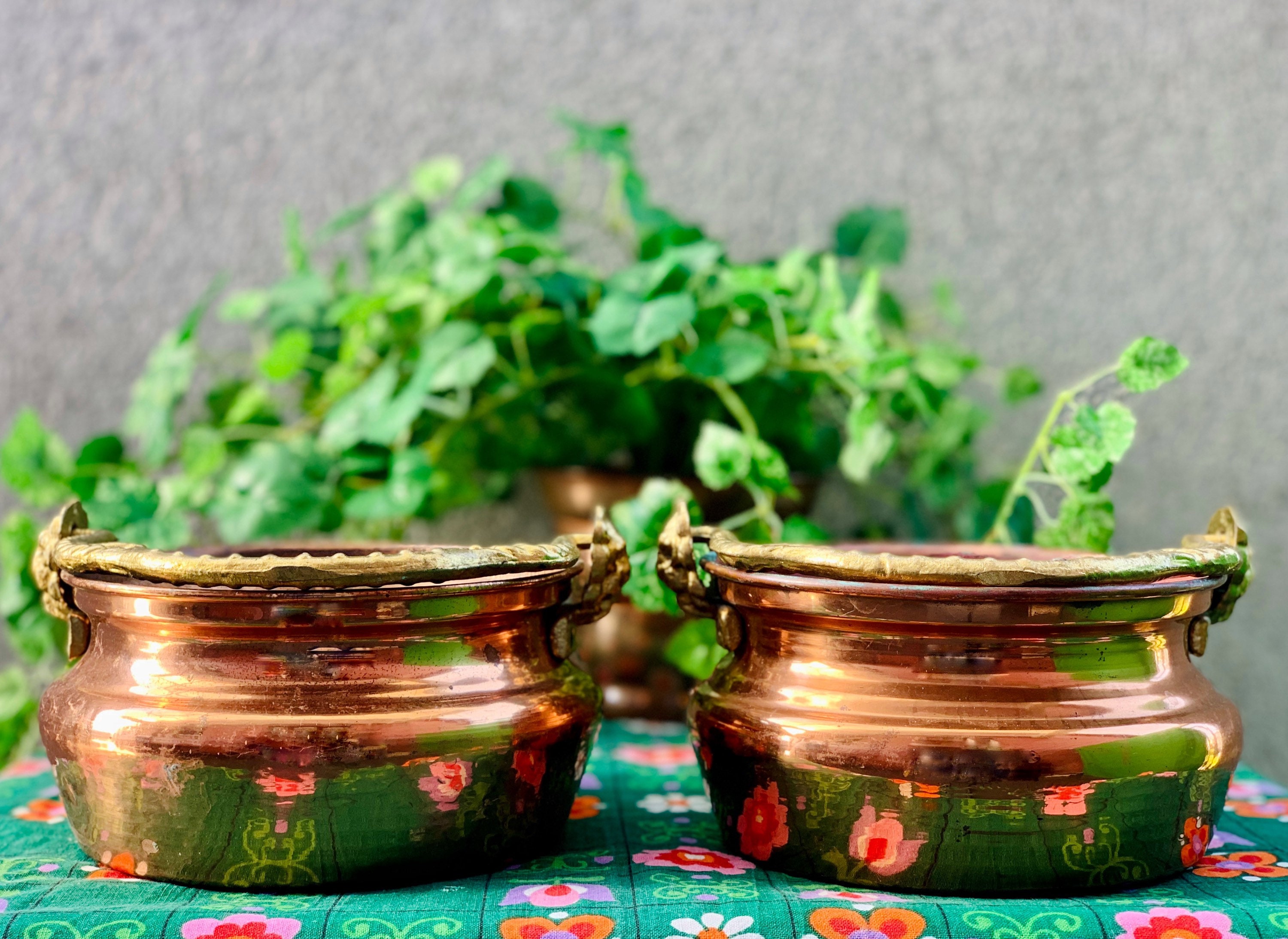 Vintage Copper Plant Pot Set of 2 Flower Pot Bowl with Brass Etsy