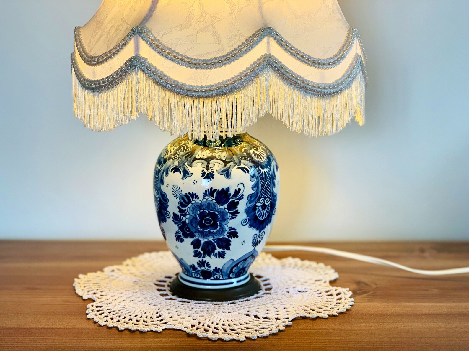DELFT Table Lamp Fringed Lampshade Unique DELFT Porcelain Etsy