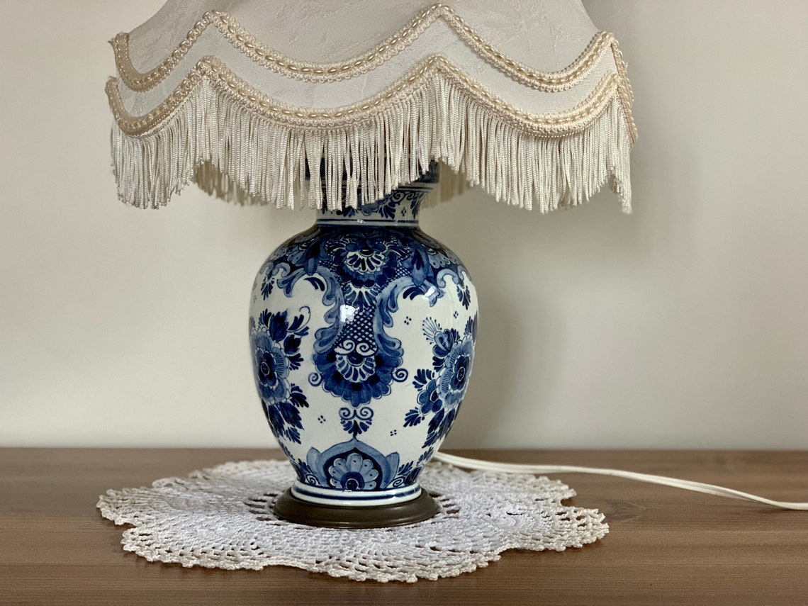 DELFT Table Lamp Fringed Lampshade Unique DELFT Porcelain Etsy