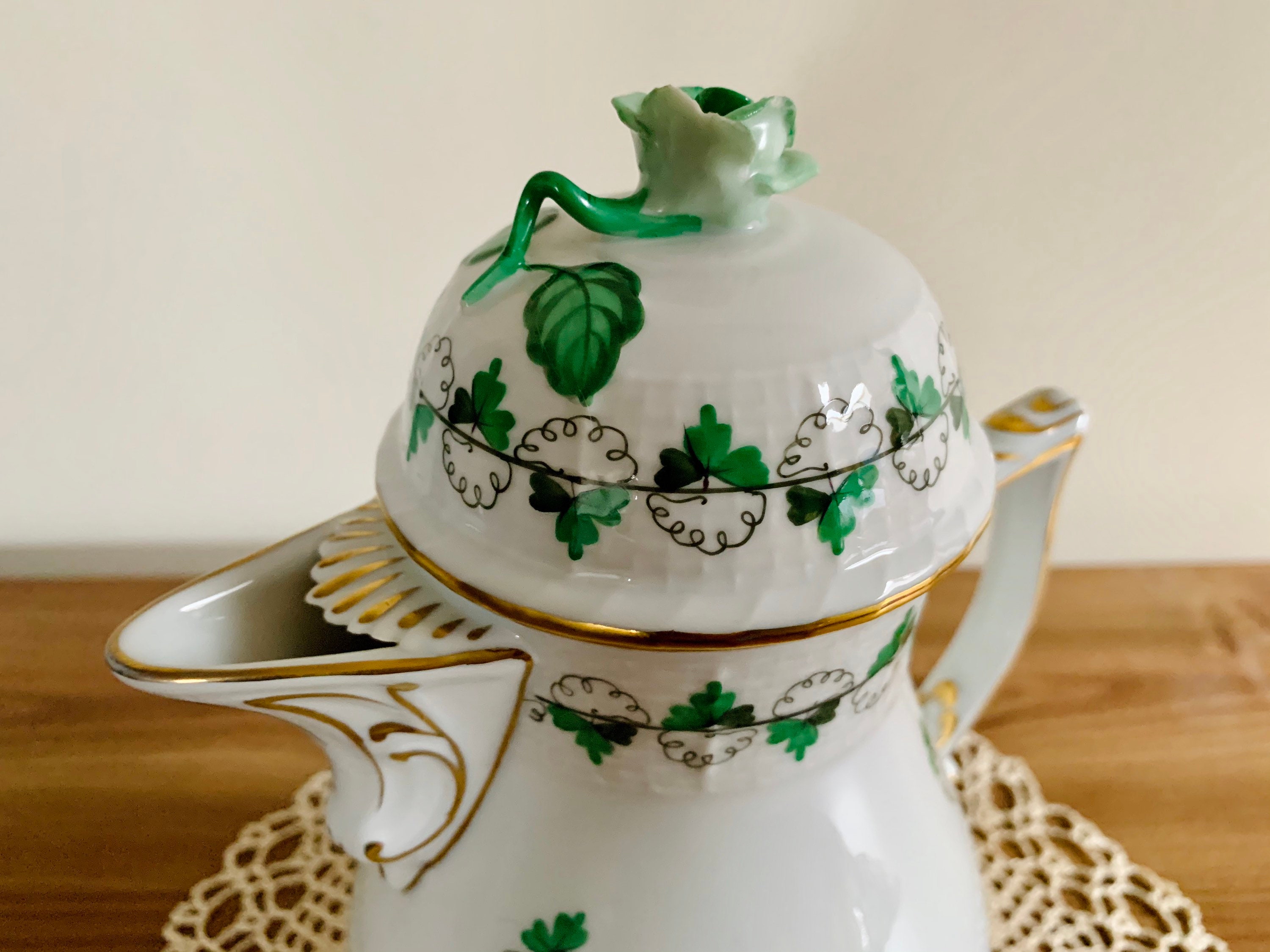HEREND Porcelain Teapot with Lid Green Rose HEREND Large Etsy