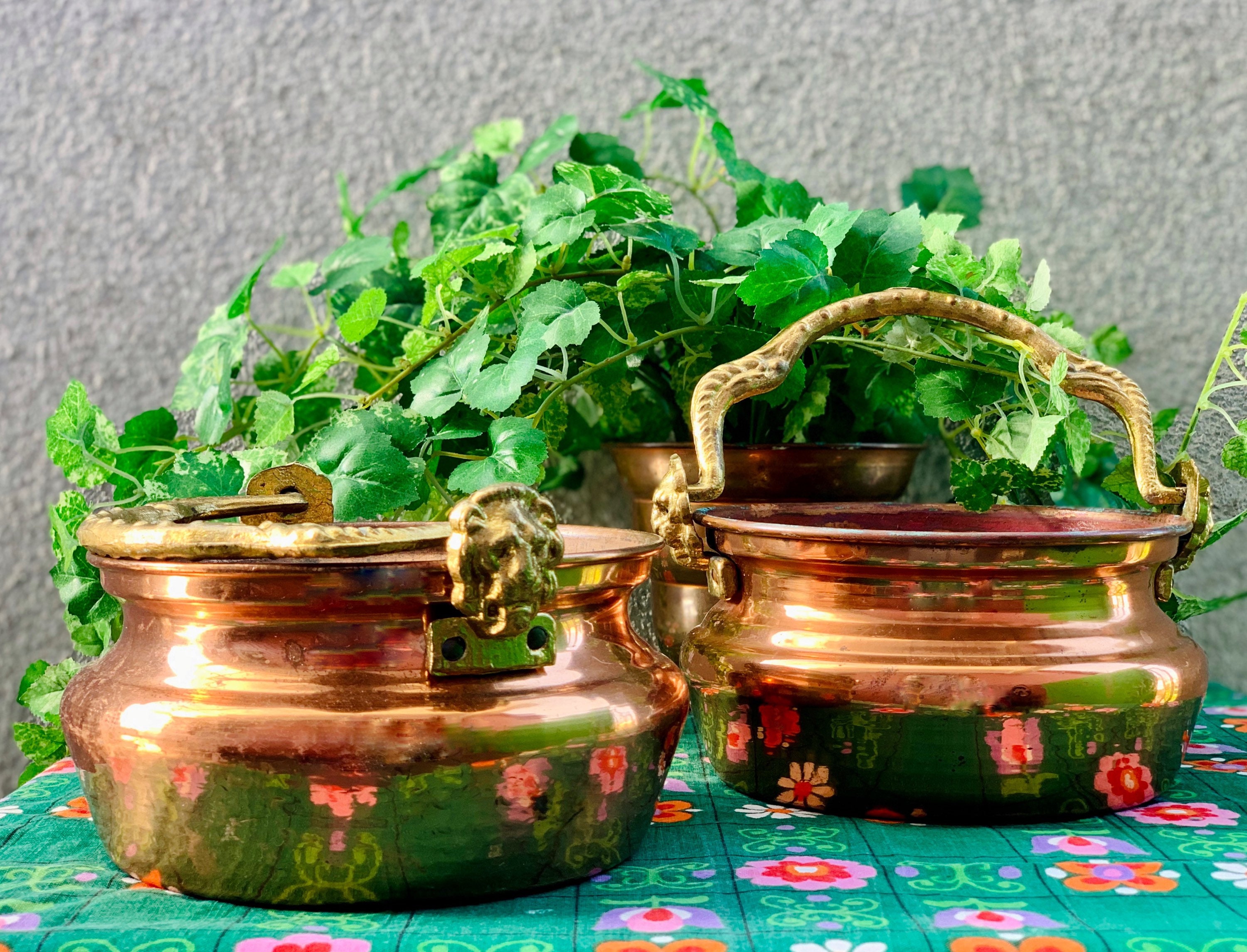 Vintage Copper Plant Pot Set of 2 Flower Pot Bowl with Brass Etsy