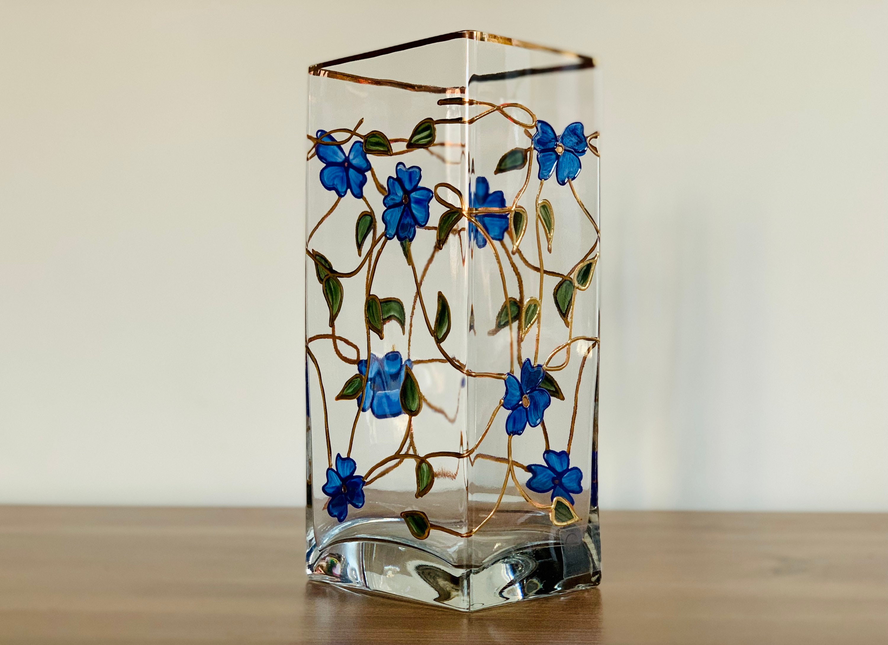 Vintage Rectangular Glass Vase Gold Trim Blue Gold Flowers Etsy