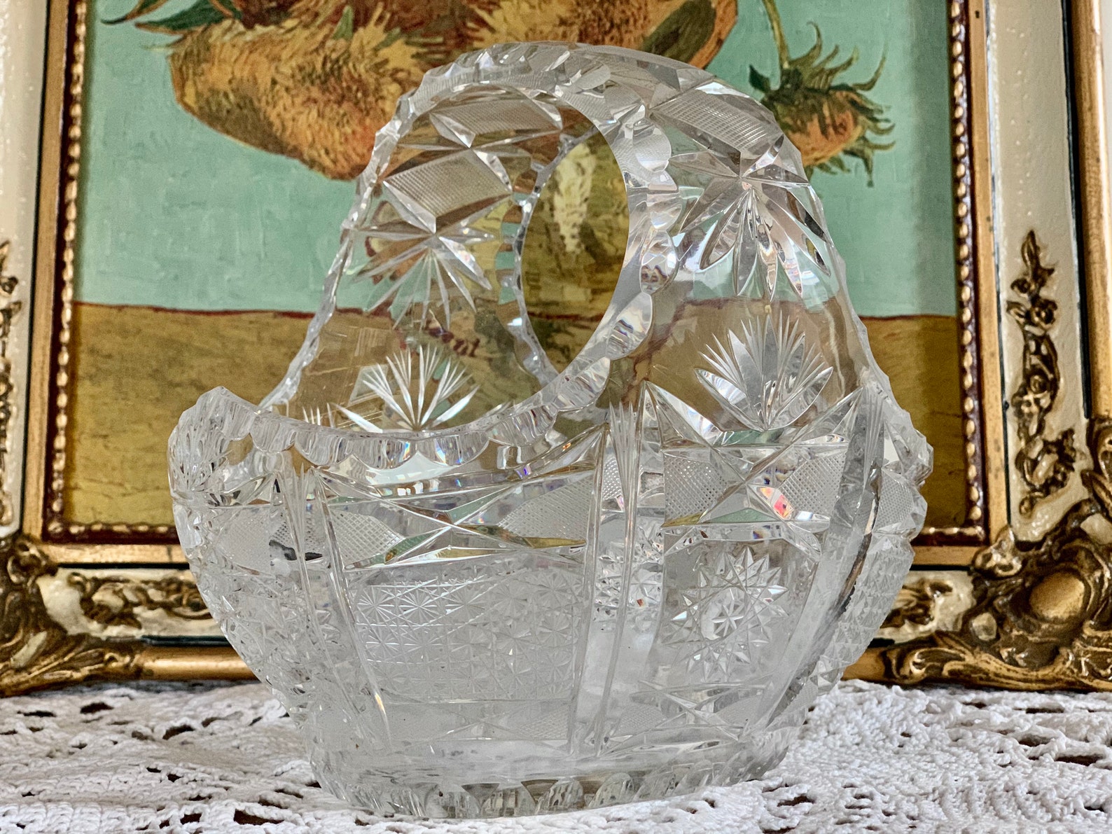 Vintage Crystal Basket Hand Cut Crystal Basket 50s Crystal Etsy