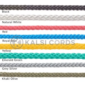 May include: A close-up of eight different colours of rope, including black, natural white, red, royal blue, yellow, emerald green, grey silver, and khaki olive. The rope is arranged in rows, with each colour in a separate row. The rope is made of a braided material and has a smooth texture.