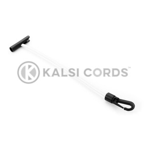 May include: A white cord with a black plastic hook on one end and a black plastic T-shaped connector on the other end. The cord is labelled "KALSI CORDS".