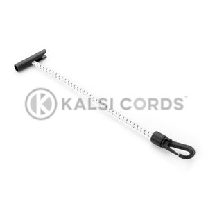 May include: White bungee cord with black dots and black plastic ends. One end has a hook and the other end has a T-shaped piece. The cord is labelled "KALSI CORDS™".