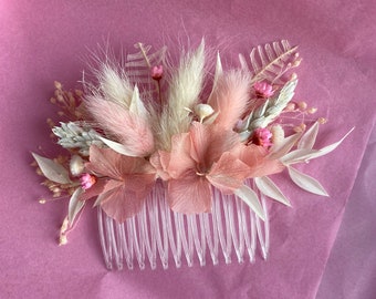 Pink and white dried flower hair comb, bridal hair, dried flower hair comb, hair slide, wedding hair accessories, hair up accessories