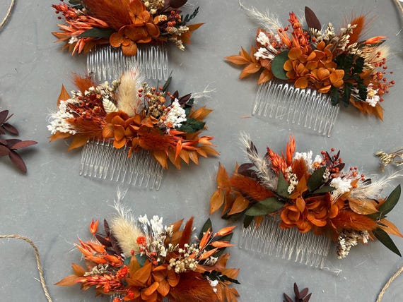 Herbst-Trockenblumenhochzeit, Herbst-Haarkamm, Trockenblumen-Haarschmuck, rostoranger Haarkamm, Trockenblumen-Haar, Herbst-Haarschmuck