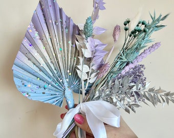 Froze ice queen , ice princess,  cake topper, dried flower cake, glitter palm spear, lilac cream and powder blue dried flower cake topper