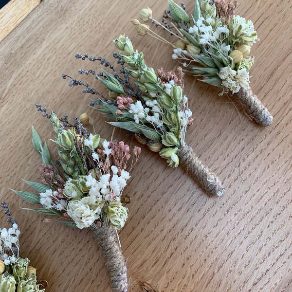 Rustic themed dried flower buttonholes, dried flower button holes