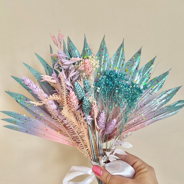 Mermaid dried flower cake topper, palm spear dried flower toppers, mermaid cakes, mermaid flowers, turquoise cake topper, baby pink cake