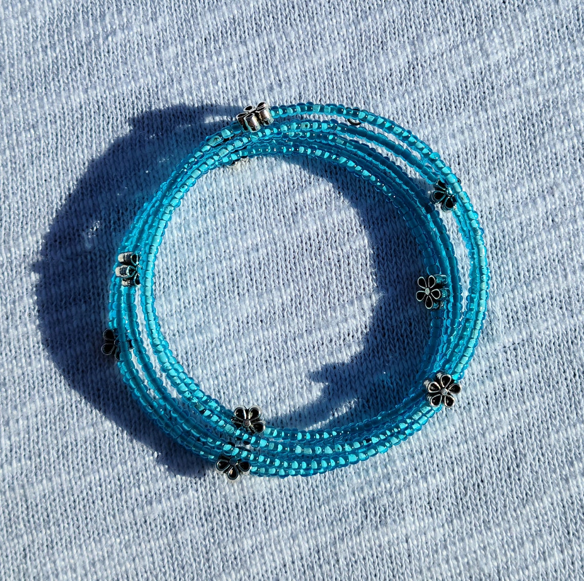 Light Blue Beaded Bracelet with Flowers on Memory Wire Etsy