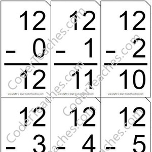 May include: Six flashcards with subtraction problems. Each card displays a subtraction equation with the number 12 as the minuend. The subtrahends range from 0 to 5, with the answers from 12 to 7. The text "CoderTeaches.com" is at the bottom.