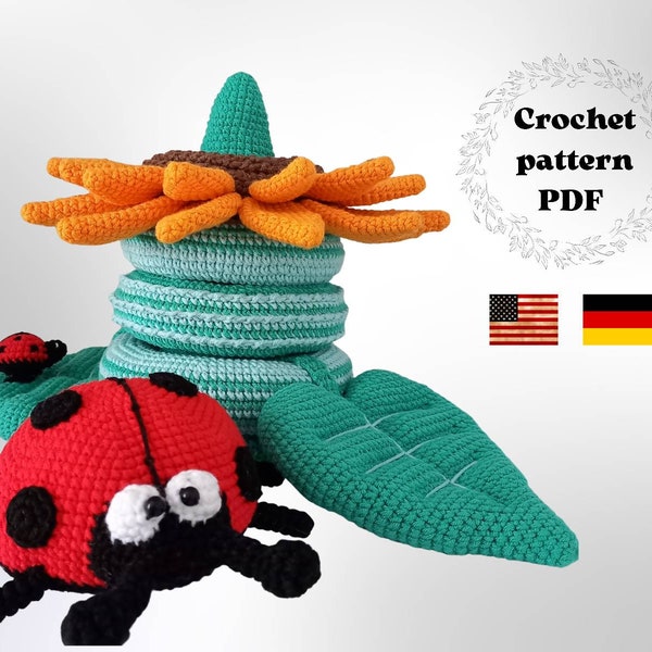 Sunflower stacking toy crochet pattern, amigurumi ladybug ring tower, nursery decoration tutorial