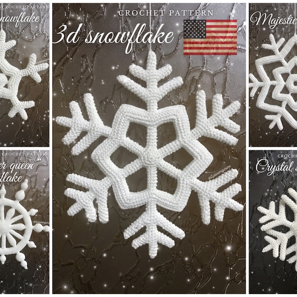 Snowflake ornaments crochet pattern bundle, PDF tutorial of Christmas ornaments, DIY door wreath, holiday cushion, stuffed snowflake kit