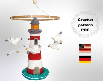 Lighthouse mobile crochet pattern, seagulls crib mobile manual PDF, nautical nursery decoration