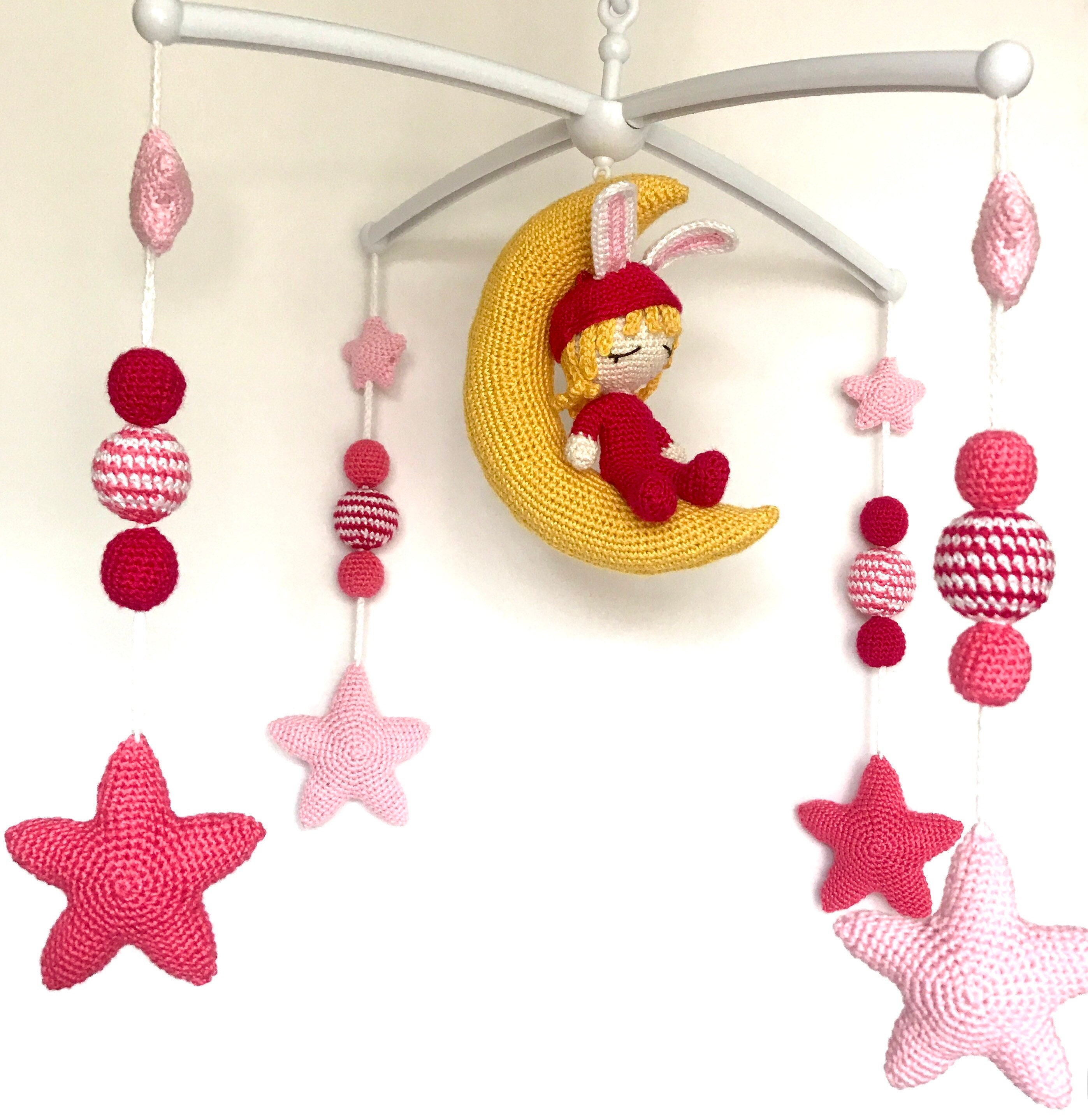 Handmade Crochet Sleeping Sheep, Moon. Stars and Clouds Nursery Mobile 🌙🐑