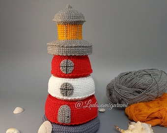 Lighthouse stacking toy crochet pattern, ring tower tutorial, nautical nursery decoration