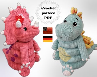 Triceratops and Stegosaurus dino stacking toy crochet pattern bundle, PDF dino amigurumi baby activity toy, ring tower PDF bundle