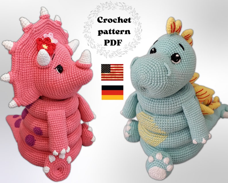 May include: Crochet pattern PDF for a pink triceratops and a blue dragon amigurumi. The pattern is available in English and German.