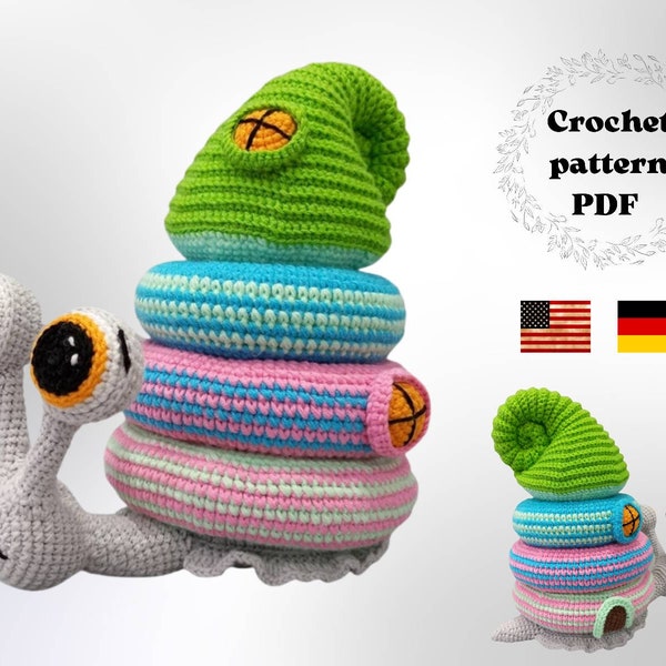 Snail stacking toy crochet pattern PDF, amigurumi snail ring tower, nursery decoration crochet