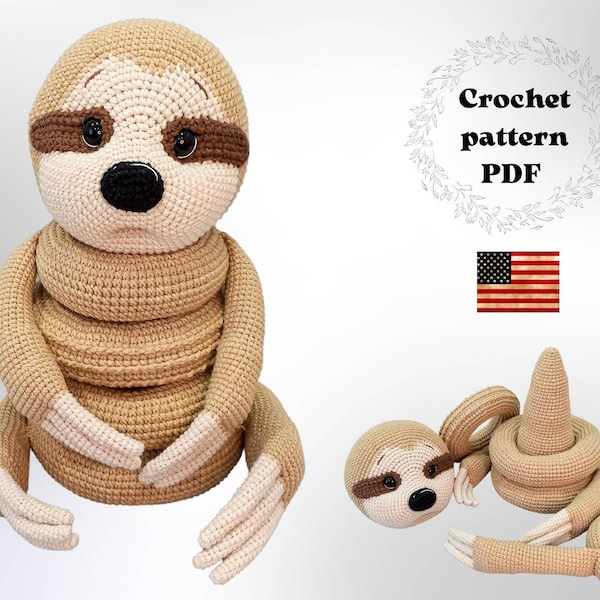 Sloth stacking toy crochet pattern PDF, amigurumi ring tower tutorial, stacker rings sloth toy