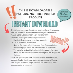 May include: A pink and white graphic with the text "INSTANT DOWNLOAD" in a large, bold font. The graphic explains how to download digital items purchased from Etsy. The text includes instructions to sign in to Etsy.com, go to Purchases and Reviews, and select Download Files. The graphic also states that there are generally no limits for when or how many times you can download a file.