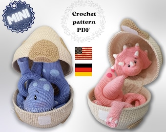 Baby Triceratops and Baby Diplodocus dino stacking toys in the egg shell crochet pattern bundle, PDF dino amigurumi baby activity toy