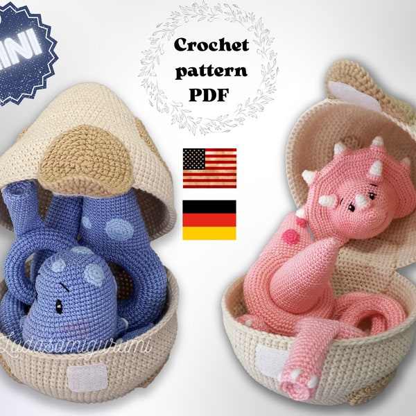 Baby Triceratops and Baby Diplodocus dino stacking toys in the egg shell crochet pattern bundle, PDF dino amigurumi baby activity toy