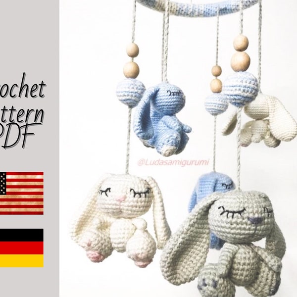 SLEEPY BUNNY - crochet patterns baby crib mobile,pdf tutorial for nursery decor, stroller chain, play gym toys design