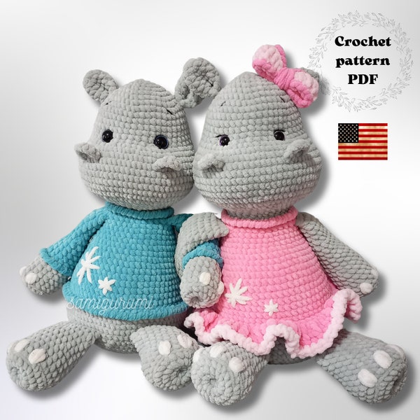 Hippo plush toy crochet pattern, amigurumi safari animal, no sew crochet pattern
