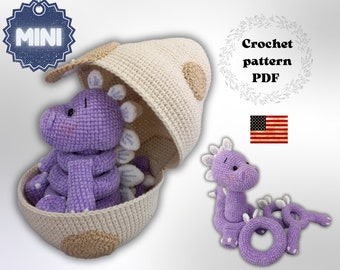 Baby Stegosaurus stacking toy in the egg shell, crochet pattern, amigurumi dinosaur nursery decoration, ring tower tutorial