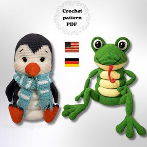 Frog and Penguin stacking toy crochet pattern bundle, PDF frog and penguin amigurumi baby activity toy, ring tower PDF bundle