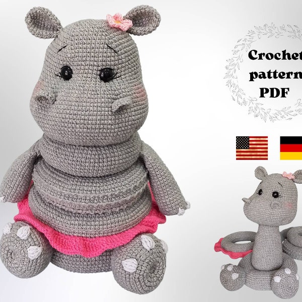 Hippo stacking toy crochet pattern, amigurumi safari animal nursery decoration, ring tower tutorial,