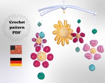 Flower baby mobile crochet patterns PDF, floral stroller chain or nursery decoration