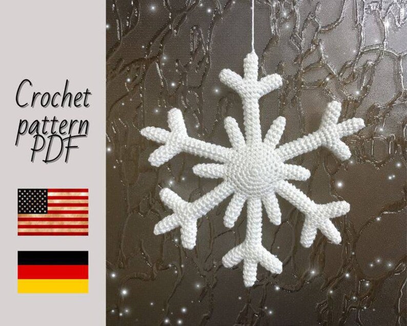 May include: A white crocheted snowflake ornament hanging against a sparkly background. Crochet pattern PDF.