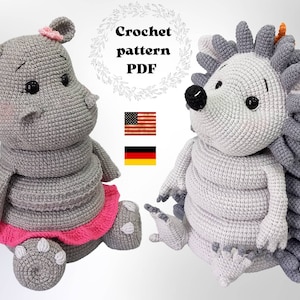 Hedgehog and hippo stacking toy crochet pattern bundle, PDF hippo amigurumi baby activity toy, ring tower PDF bundle