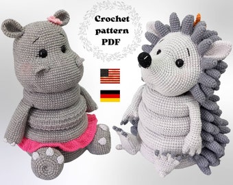 Hedgehog and hippo stacking toy crochet pattern bundle, PDF hippo amigurumi baby activity toy, ring tower PDF bundle