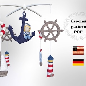 Nautical baby crib mobile crochet pattern PDF. Marine nursery decoration, sailboat stroller chain, play gym toys design