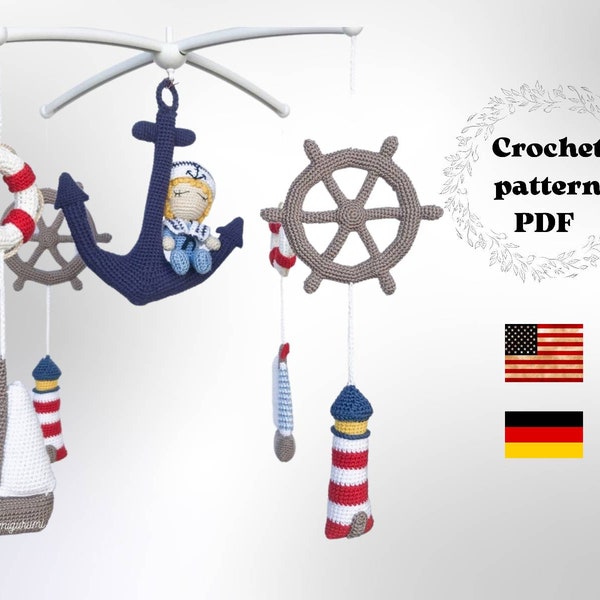 Nautical baby crib mobile crochet pattern PDF. Marine nursery decoration, sailboat stroller chain, play gym toys design