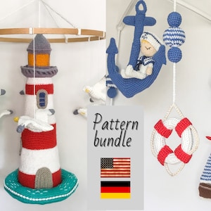May include: Crochet pattern bundle for a nautical themed baby mobile. The mobile features a lighthouse, a sailor, an anchor, a life preserver, a sailboat, and seagulls. The pattern is available in English and German.