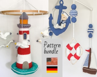 Nautical and large lighthouse mobile crochet pattern bundle, combine 2 PDF patterns for even more creative mobile ideas