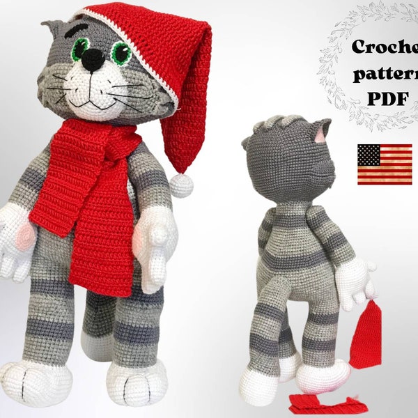 Christmas cat crochet pattern PDF, large amigurumi DIY plush cat toy, holiday stuffed cartoon craft cat