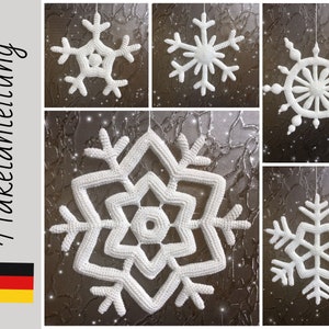 May include: A collage of white, crocheted snowflakes in various designs. The snowflakes are suspended against a textured, dark background. The image includes the text "H&auml;kelanleitung" and the German flag.