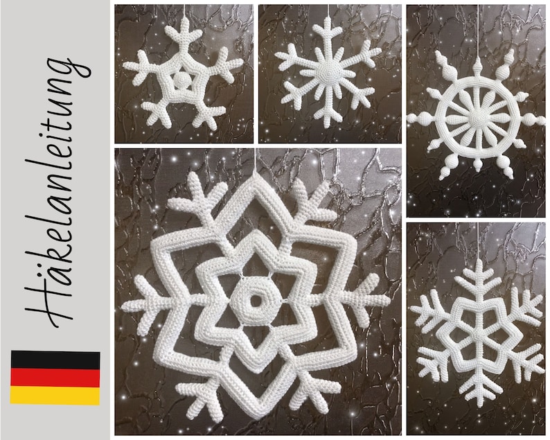 May include: A collage of white, crocheted snowflakes in various designs. The snowflakes are suspended against a textured, dark background. The image includes the text "H&auml;kelanleitung" and the German flag.