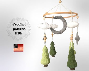 Woodland mobile crochet pattern PDF, green forest nursery hanging toys, clouds moon and stars manual for neutral  baby room decor