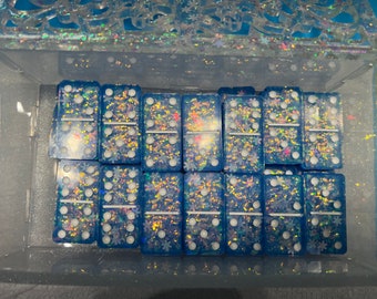 Epoxy Resin Blue and Silver Holographic Dominoes Set