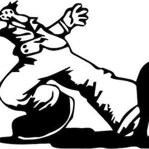 May include: Black and white illustration of a person in a stylized pose, with one leg extended and the other bent at the knee. The person is wearing a pair of pants and a shirt, and their arms are outstretched.