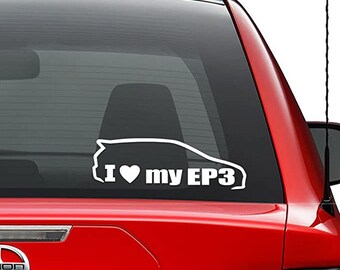 May include: White vinyl decal sticker for a car window. The sticker shows a silhouette of a car with the text "I love my EP3".